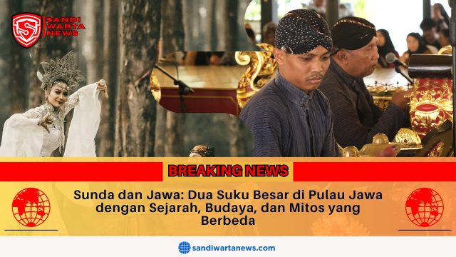 Doc. Ilustrasi kekayaan budaya dua suku besar di Pulau Jawa. Kiri: Penari tradisional Sunda menampilkan tari Jaipong yang ekspresif dan dinamis di tengah suasana alam terbuka. Kanan: Seniman gamelan Jawa tengah memainkan alat musik tradisional dalam suasana adat keraton yang sakral. Perbedaan ekspresi seni ini mencerminkan kekayaan budaya serta identitas unik dari suku Sunda dan Jawa yang hidup berdampingan dalam keragaman di Pulau Jawa. (Foto Dokumentasi: sandiwartanews.com).