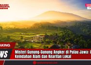 Doc. Ilustrasi Gunung dan Kawasan Perdesaan di Pulau Jawa – Lanskap perbukitan dan pemukiman di kaki gunung saat matahari terbit, menggambarkan harmoni antara keindahan alam dan kehidupan masyarakat lokal. Sejumlah gunung di Pulau Jawa tidak hanya menjadi destinasi pendakian favorit, tetapi juga menyimpan kisah mistis yang tumbuh dalam kearifan budaya setempat. (Doc: sandiwartanews.com).