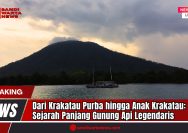 Doc. Pemandangan gugusan Gunung Krakatau dari kejauhan, dengan latar perairan Selat Sunda yang tenang menjelang senja. Gunung ini merupakan bagian dari sejarah letusan dahsyat tahun 1883 dan menjadi simbol kekuatan geologi Indonesia. (Dok: sandiwartanews.com).