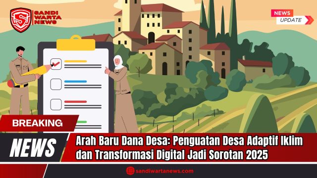Doc. Gambar ilustrasi ini menunjukkan dua orang yang sedang memeriksa daftar periksa di depan latar belakang desa. Gambar ini hanya ilustrasi untuk artikel tentang arah baru Dana Desa tahun 2025 dan tidak merepresentasikan kejadian atau lokasi tertentu. Tujuannya adalah untuk mempertegas fokus pada penguatan desa adaptif iklim dan transformasi digital. (Doc: sandiwartaNews.com).