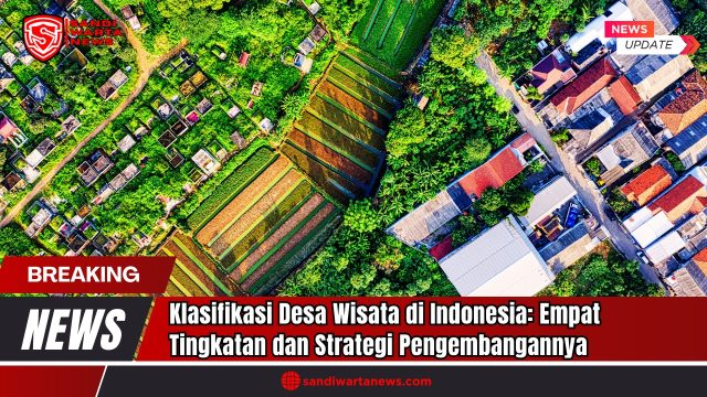 Doc. Gambar ilustrasi ini menunjukkan foto udara sebuah desa di Indonesia yang menampilkan sawah dan rumah-rumah penduduk. Gambar ini hanya ilustrasi untuk artikel tentang klasifikasi desa wisata di Indonesia dan bukan representasi kejadian atau lokasi spesifik. Tujuannya adalah untuk menjelaskan empat tingkatan klasifikasi desa wisata dan strategi pengembangannya. (Doc: sandiwartaNews.com).
