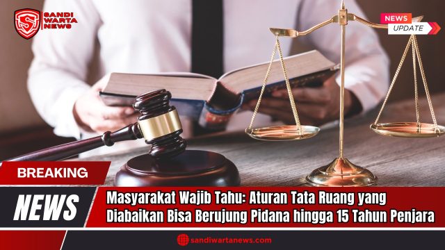 Doc. Ilustrasi hukum – Seorang profesional tengah membaca buku hukum dengan palu sidang dan timbangan keadilan di atas meja. Gambar ini melambangkan penegakan hukum dalam konteks pelanggaran tata ruang. Gambar hanya bersifat ilustratif dan tidak merujuk pada kejadian atau tokoh tertentu. (sandiwartaNews.com)