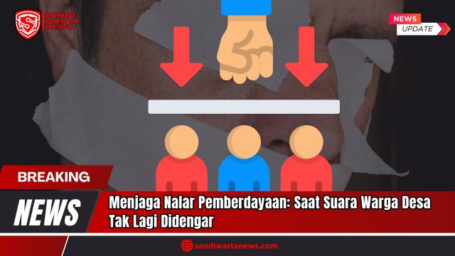 Doc. Ilustrasi simbolik yang menggambarkan represi dan pembungkaman suara rakyat kecil di desa. Gambar latar menunjukkan mulut seseorang yang dibungkam, sementara di bagian depan tampak simbol tangan kekuasaan menekan warga yang digambarkan dengan ikon orang. Gambar ini mencerminkan kondisi di mana aspirasi masyarakat desa tidak lagi menjadi pertimbangan utama dalam proses pembangunan dan pengambilan keputusan. (Doc. sandiwartaNews.com).