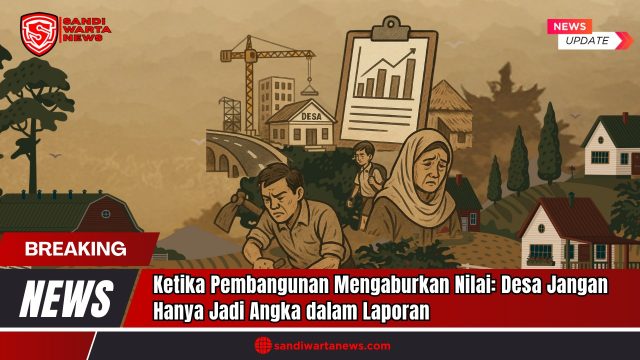 Doc. Ilustrasi ini menggambarkan wajah pembangunan desa yang kontras: di satu sisi terdapat simbol-simbol kemajuan seperti jalan baru, gedung desa, dan grafik peningkatan angka laporan. Namun di sisi lain, tergambar ekspresi warga desa yang murung, petani yang lelah, perempuan tua yang resah, dan anak-anak yang berjalan tanpa harapan. Gambar ini menyiratkan bahwa pembangunan fisik belum tentu sejalan dengan peningkatan kualitas hidup warga. Sebuah kritik visual terhadap kecenderungan menjadikan desa hanya sebagai angka dalam laporan, tanpa menyentuh realitas dan kebutuhan manusianya. Catatan: Gambar ini hanya merupakan ilustrasi. Tidak menggambarkan situasi dan kondisi di tempat atau desa manapun secara spesifik. (Doc: sandiwartaNews.com).