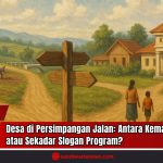 Doc. Ilustrasi ini menggambarkan sebuah desa yang berada di titik persimpangan, dengan simbol penunjuk arah sebagai metafora dari pilihan arah kebijakan desa ke depan. Terlihat kantor desa megah berdiri di salah satu sisi jalan, sementara warga masih berkutat dengan aktivitas dasar seperti bercocok tanam dan berjalan kaki. Gambar ini menyiratkan dilema antara pencapaian pembangunan fisik dan substansi kemandirian yang seharusnya berakar dari kekuatan masyarakat desa sendiri. Catatan: Gambar ini hanya merupakan ilustrasi. Tidak menggambarkan situasi dan kondisi di tempat atau desa manapun secara spesifik. (Doc: sandiwartaNews.com).