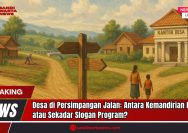 Doc. Ilustrasi ini menggambarkan sebuah desa yang berada di titik persimpangan, dengan simbol penunjuk arah sebagai metafora dari pilihan arah kebijakan desa ke depan. Terlihat kantor desa megah berdiri di salah satu sisi jalan, sementara warga masih berkutat dengan aktivitas dasar seperti bercocok tanam dan berjalan kaki. Gambar ini menyiratkan dilema antara pencapaian pembangunan fisik dan substansi kemandirian yang seharusnya berakar dari kekuatan masyarakat desa sendiri. Catatan: Gambar ini hanya merupakan ilustrasi. Tidak menggambarkan situasi dan kondisi di tempat atau desa manapun secara spesifik. (Doc: sandiwartaNews.com).