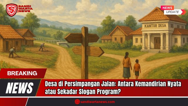 Doc. Ilustrasi ini menggambarkan sebuah desa yang berada di titik persimpangan, dengan simbol penunjuk arah sebagai metafora dari pilihan arah kebijakan desa ke depan. Terlihat kantor desa megah berdiri di salah satu sisi jalan, sementara warga masih berkutat dengan aktivitas dasar seperti bercocok tanam dan berjalan kaki. Gambar ini menyiratkan dilema antara pencapaian pembangunan fisik dan substansi kemandirian yang seharusnya berakar dari kekuatan masyarakat desa sendiri. Catatan: Gambar ini hanya merupakan ilustrasi. Tidak menggambarkan situasi dan kondisi di tempat atau desa manapun secara spesifik. (Doc: sandiwartaNews.com).
