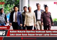 Doc. Nadiem Makarim, mantan Menteri Pendidikan, Kebudayaan, Riset, dan Teknologi, tampak berjalan menuju Gedung Kejaksaan Agung RI di Jakarta pada Senin pagi, 24 Juni 2025. Ia datang didampingi sejumlah anggota tim hukum, termasuk pengacara Hotman Paris Hutapea, untuk menjalani pemeriksaan sebagai saksi dalam kasus dugaan tindak pidana korupsi proyek pengadaan laptop Chromebook senilai Rp 9,9 triliun. Pemeriksaan ini dilakukan oleh penyidik Direktorat Tindak Pidana Khusus Kejaksaan Agung, yang tengah menelusuri kemungkinan penyimpangan dan pelanggaran dalam pengadaan barang negara tersebut. (Doc: SandiwartaNews.com).