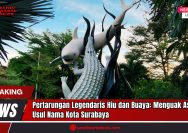 Doc. Patung ikonik Hiu dan Buaya di tengah kota Surabaya tampak menjulang di antara rimbunnya pepohonan, menjadi simbol legendaris asal-usul nama kota Surabaya. Patung ini menggambarkan pertarungan sengit antara Hiu Sura dan Buaya Baya, dua makhluk mitologis yang konon berebut wilayah kekuasaan lautan dan daratan. Kisah ini merupakan bagian dari cerita rakyat Jawa Timur yang terus dilestarikan dan menjadi identitas budaya serta kebanggaan masyarakat Surabaya. Patung tersebut kini menjadi salah satu destinasi wisata dan latar edukatif yang memperkenalkan nilai-nilai seperti kejujuran, keberanian, dan konsekuensi dari pengkhianatan. (Doc: SandiWartaNews.com).