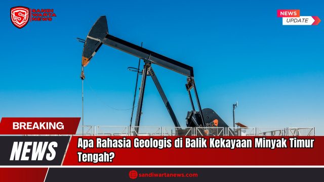 Doc. Sebuah unit pompa angguk (oil pump jack) berdiri kokoh di bawah langit biru yang cerah, menggambarkan aktivitas eksploitasi minyak di wilayah gurun. Gambar ini hanya merupakan ilustrasi dan bukan dokumentasi langsung dari ladang minyak di Timur Tengah. Pompa seperti ini biasa digunakan untuk mengangkat minyak mentah dari dalam bumi ke permukaan, mewakili simbol kemakmuran energi fosil. Dalam konteks kekayaan minyak Timur Tengah, struktur geologi ideal yang terbentuk sejak jutaan tahun lalu menjadikan kawasan ini sebagai pusat cadangan hidrokarbon terbesar dunia, mencerminkan hubungan erat antara warisan geologis dan kekuatan ekonomi global. (Doc: SandiWartaNews.com).