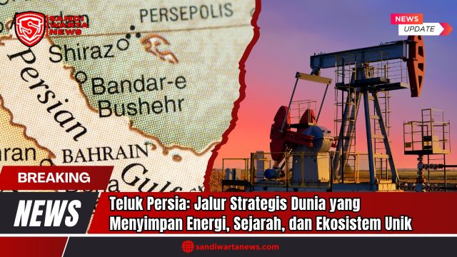 Doc. Gambar ilustratif yang memadukan peta Teluk Persia dan aktivitas pengeboran minyak, merepresentasikan peran strategis kawasan ini sebagai pusat cadangan energi dunia. Teluk Persia bukan hanya jalur pelayaran vital, tetapi juga wilayah kaya sejarah dan ekosistem unik, sekaligus pusat dinamika geopolitik global. (Doc: SandiWartaNews.com).