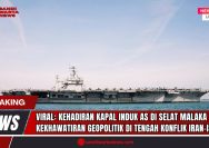 Doc. Kapal induk USS Nimitz (CVN-68) terpantau melintasi Selat Malaka, dekat perairan Indonesia, memicu spekulasi tentang keterkaitannya dengan konflik Iran-Israel. Kehadiran kapal ini di tengah meningkatnya ketegangan internasional telah menimbulkan kekhawatiran geopolitik di kawasan Asia Tenggara. (Doc: SandiWartaNews.com).