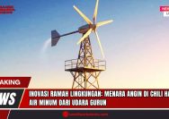 Doc. Ilustrasi menara angin inovatif buatan startup Chili yang dirancang untuk menghasilkan air minum dari udara gurun secara mandiri. Beroperasi tanpa jaringan listrik, sistem ini menunjukkan potensi teknologi berkelanjutan untuk menjawab krisis air global. Catatan: gambar ini hanya sebagai ilustrasi, bukan dokumentasi langsung. (Doc: SandiWartaNew.com).