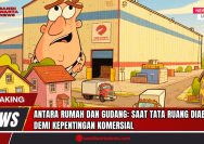 Doc. Gambar ini menggambarkan konflik antara kawasan perumahan dan gudang yang mengganggu kenyamanan hidup masyarakat. Dalam ilustrasi ini, terlihat seorang pemilik gudang yang rakus dengan ekspresi yang berlebihan, dikelilingi oleh bangunan gudang yang besar dan kendaraan pengangkut barang. Di sisi lain, terdapat rumah-rumah yang menunjukkan ketidakpuasan warga yang terancam oleh keberadaan gudang tersebut. Catatan: Gambar ini hanya merupakan untuk menggambarkan isu penyalahgunaan zonasi tata ruang di wilayah perkotaan. (Doc: SandiWartaNews.com).