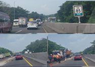 Doc. Doc. Kemacetan panjang di Tol Cileunyi KM 85 arah Bandung akibat pekerjaan perbaikan jalan di lajur kiri, tampak antrean kendaraan mengular sementara petugas proyek dengan alat berat melakukan overlay aspal di KM 86. (Doc: SandiWartaNews.com).