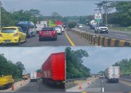 Doc. Doc. Kemacetan di Tol KM 100 arah Bandung akibat pekerjaan perbaikan jalan di bahu kiri, tampak antrean kendaraan mengular dan petugas proyek bersama alat berat bekerja di sisi jalan yang dibatasi cone pengaman. (Doc: SandiWartaNews.com).