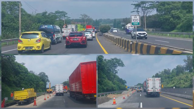 Doc. Doc. Kemacetan di Tol KM 100 arah Bandung akibat pekerjaan perbaikan jalan di bahu kiri, tampak antrean kendaraan mengular dan petugas proyek bersama alat berat bekerja di sisi jalan yang dibatasi cone pengaman. (Doc: SandiWartaNews.com).