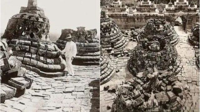 Doc. Kondisi Candi Borobudur sebelum ditemukan kembali oleh Thomas Stamford Raffles pada tahun 1814. Candi tersebut sebagian besar terkubur di bawah tanah dan vegetasi, dengan banyak bagiannya yang rusak parah akibat bencana alam dan waktu. Gambar-gambar ini memberikan gambaran kuat tentang skala pekerjaan yang diperlukan untuk mengembalikan candi ke kemegahannya saat ini. Keberadaan gambar-gambar ini penting untuk memahami sejarah dan proses restorasi Candi Borobudur, salah satu situs warisan dunia yang paling terkenal di Indonesia. (Doc: Istimewa).