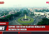Doc. Pemandangan udara dari pusat kota Serpong, Tangerang Selatan, yang menunjukkan transformasi dramatis wilayah tersebut dari hutan belantara menjadi kota metropolitan modern. Lingkaran lalu lintas dengan tugu di tengahnya melambangkan perkembangan pesat Serpong, sekaligus menjadi simbol perpaduan antara sejarah dan kemajuan. (Foto: SandiWartaNews.com).