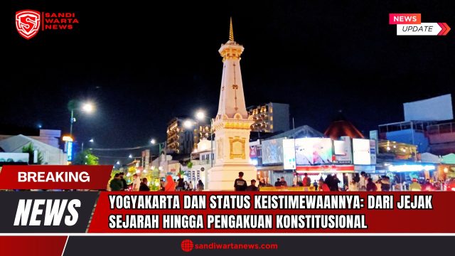 Doc. Tugu Yogyakarta yang menjadi salah satu ikon kota dan simbol historis penting. Lokasi ini sering menjadi pusat kegiatan masyarakat dan wisatawan, sekaligus merepresentasikan semangat keistimewaan Yogyakarta yang telah diakui secara konstitusional. Tugu ini merupakan penanda budaya dan peran strategis Yogyakarta dalam perjalanan sejarah Republik Indonesia. (Foto: SandiWartaNew.com).