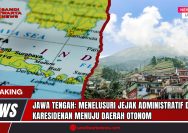 Doc. Kolase visual yang menampilkan peta Pulau Jawa dengan penekanan pada Provinsi Jawa Tengah (kiri), serta lanskap perbukitan dan permukiman warga di kawasan pegunungan Dieng, Kabupaten Wonosobo (kanan). Gambar ini merepresentasikan keragaman geografis, budaya, dan sejarah administratif Jawa Tengah yang telah berkembang dari sistem karesidenan kolonial menjadi daerah otonom modern. (Foto: SandiWartaNews.com).
