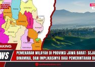 Doc. Kolase visual Provinsi Jawa Barat: bagian kiri menampilkan peta administratif wilayah kabupaten/kota di Jawa Barat yang menunjukkan hasil pemekaran wilayah dari masa ke masa, sementara bagian kanan memperlihatkan lanskap alam khas Jawa Barat berupa hamparan kebun teh dan pegunungan yang menegaskan harmoni antara pembangunan administratif dan potensi geografis provinsi. (Foto: SandiWartaNews.com).