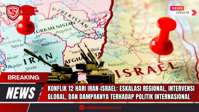 Doc. Ilustrasi ini menampilkan peta kawasan Timur Tengah, menandai lokasi Iran dan Israel sebagai konteks dari konflik 12 hari yang telah menimbulkan eskalasi regional, intervensi global, dan dampak signifikan terhadap politik internasional. (Ilustrasi: SandiWartaNews).
