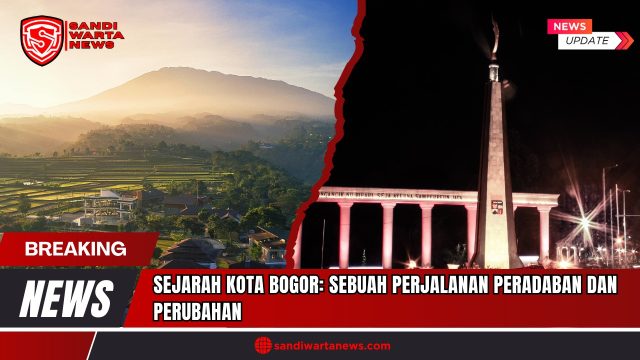 Doc. Gambar ini merupakan ilustrasi komposit yang menampilkan dua simbol visual Kota Bogor: lanskap pegunungan dan persawahan yang merepresentasikan masa lalu agraris serta alam yang asri, berdampingan dengan Monumen Tugu Kujang yang diterangi cahaya malam sebagai ikon modern Kota Bogor. Penyajian visual ini ditujukan sebagai pendukung narasi sejarah Kota Bogor dalam konteks pemberitaan media dan bukan dokumentasi aktual peristiwa atau lokasi spesifik. (ilustrasi: SandiWartaNews.).