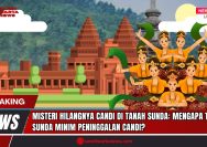Doc. Ilustrasi digital menggambarkan suasana simbolik peradaban Sunda kuno, dengan latar belakang visual candi sebagai representasi absennya bangunan monumental di Tatar Sunda. Di bagian depan, sekelompok penari tradisional Sunda dalam balutan busana adat menampilkan tarian klasik, merepresentasikan kekayaan budaya non-material yang masih lestari hingga kini. Desain candi yang dominan di belakang menjadi kontras visual dengan realitas sejarah yang justru menunjukkan minimnya peninggalan fisik seperti candi di wilayah Sunda. Gambar ini digunakan sebagai metafora untuk menggugah kesadaran tentang perlunya melihat ulang sejarah Sunda dari sudut pandang masyarakat ladang (huma), bukan dengan parameter kebudayaan sawah yang menghasilkan candi-candi besar di Jawa Tengah dan Timur. (Ilustrasi: SandiWartaNews.com).