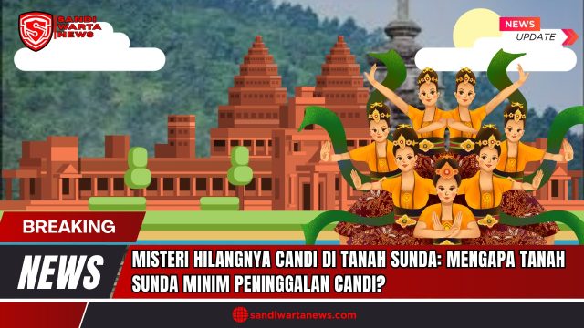 Doc. Ilustrasi digital menggambarkan suasana simbolik peradaban Sunda kuno, dengan latar belakang visual candi sebagai representasi absennya bangunan monumental di Tatar Sunda. Di bagian depan, sekelompok penari tradisional Sunda dalam balutan busana adat menampilkan tarian klasik, merepresentasikan kekayaan budaya non-material yang masih lestari hingga kini. Desain candi yang dominan di belakang menjadi kontras visual dengan realitas sejarah yang justru menunjukkan minimnya peninggalan fisik seperti candi di wilayah Sunda. Gambar ini digunakan sebagai metafora untuk menggugah kesadaran tentang perlunya melihat ulang sejarah Sunda dari sudut pandang masyarakat ladang (huma), bukan dengan parameter kebudayaan sawah yang menghasilkan candi-candi besar di Jawa Tengah dan Timur. (Ilustrasi: SandiWartaNews.com).