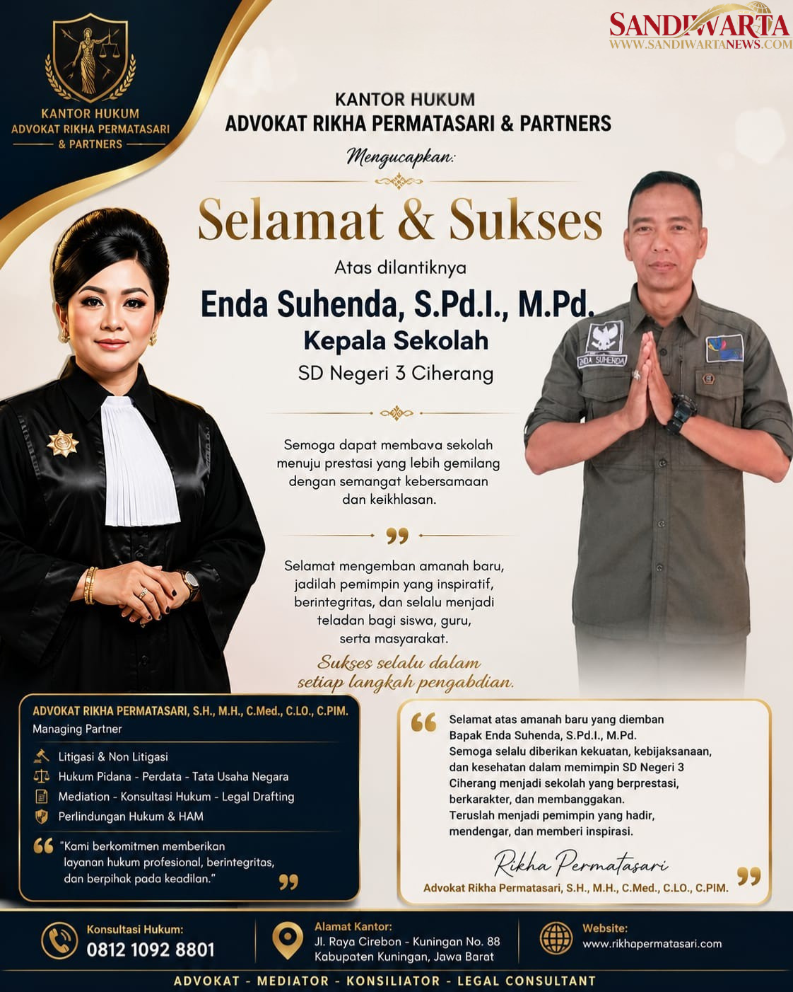 Kantor Hukum Rikha Permatasari & Partners Ucapkan Selamat atas Pelantikan Enda Suhenda sebagai Kepala SDN 3 Ciherang