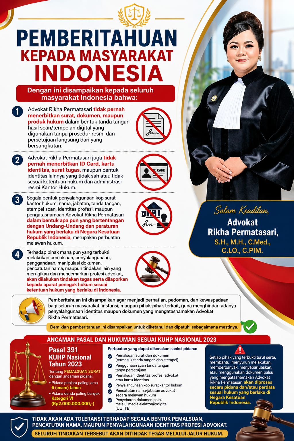 Peringatan Resmi: Penyalahgunaan Nama dan Dokumen Advokat Rikha Permatasari Akan Diproses Hukum