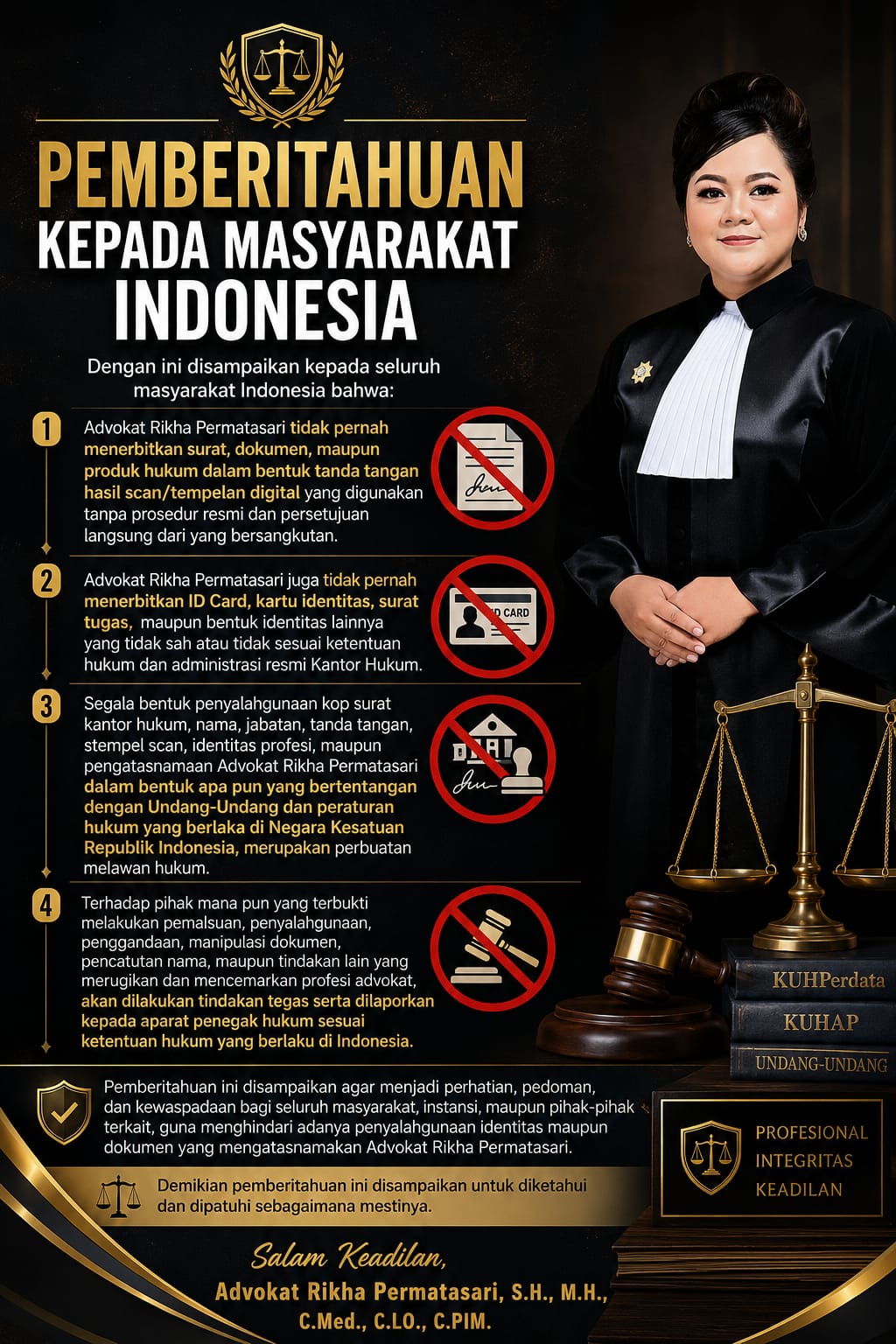 Peringatan Resmi: Penyalahgunaan Nama dan Dokumen Advokat Rikha Permatasari Akan Diproses Hukum