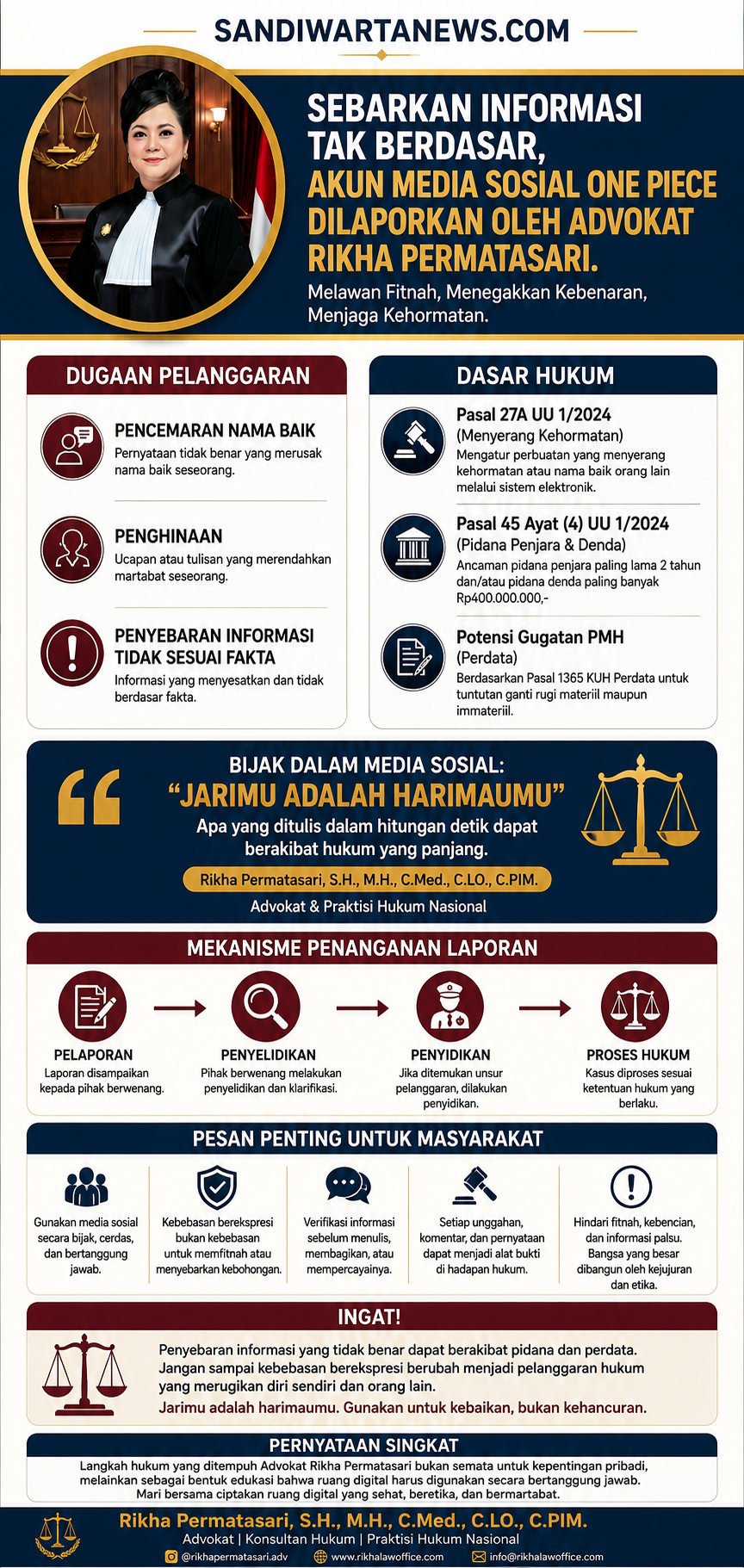 Sebarkan Informasi Tak Berdasar, Akun Media Sosial One Piece Dilaporkan oleh Advokat Rikha Permatasari