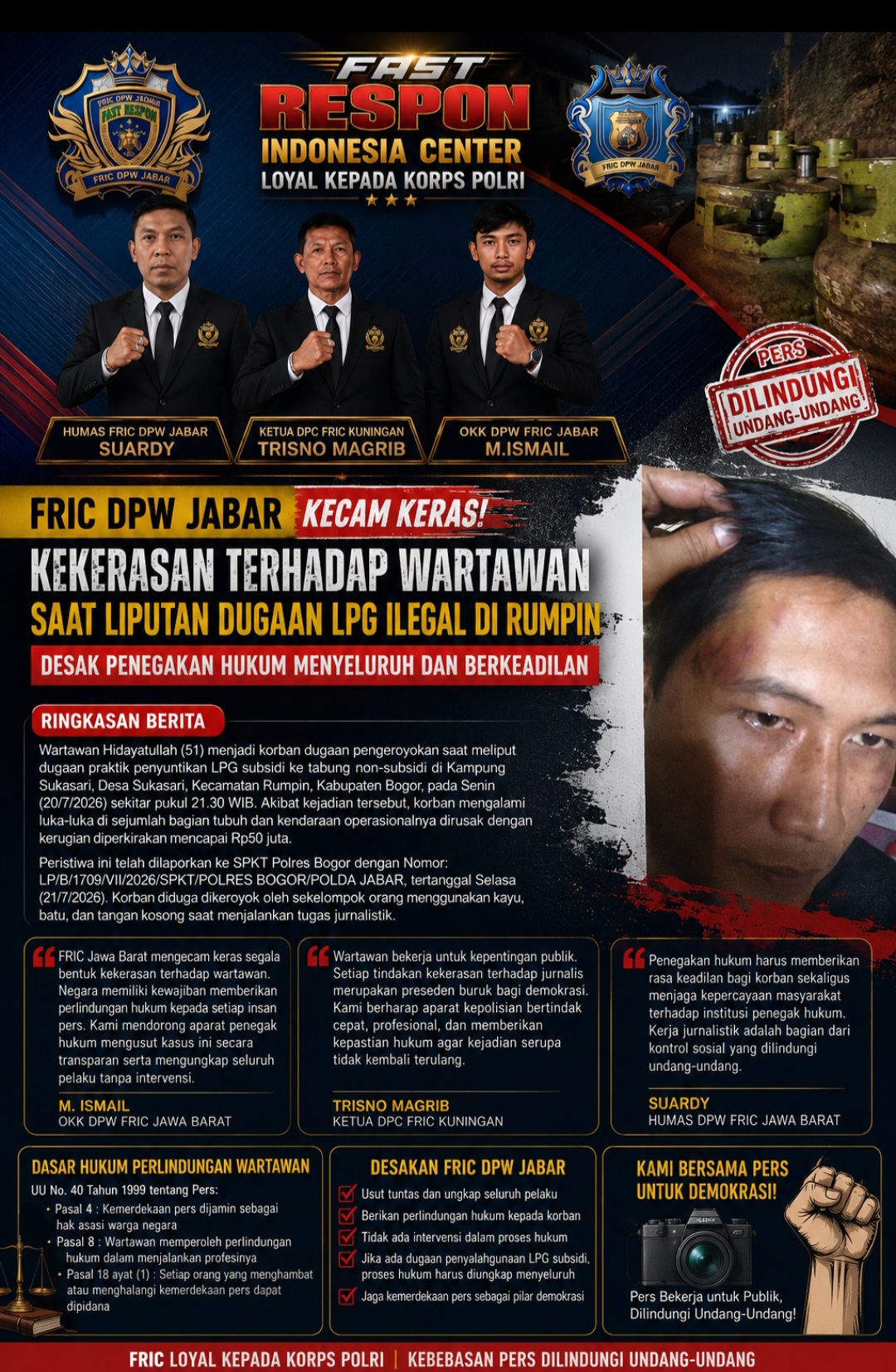 FRIC DPW Jabar  Kecam Kekerasan terhadap Wartawan saat Liputan Dugaan LPG Ilegal di Rumpin, Desak Penegakan Hukum Menyeluruh