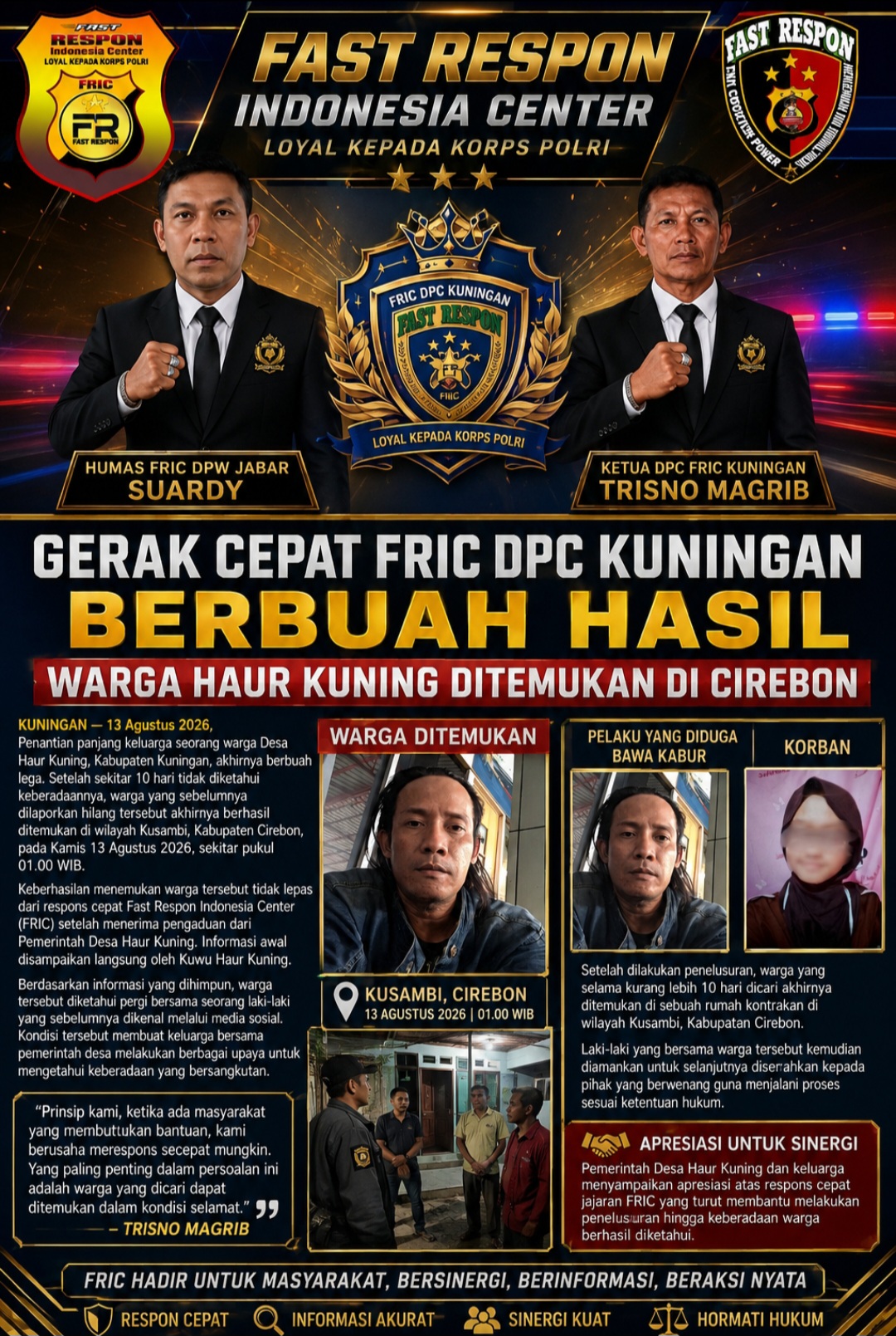 Gerak Cepat FRIC DPC Kuningan Berbuah Hasil, Warga Haur Kuning Ditemukan di Cirebon